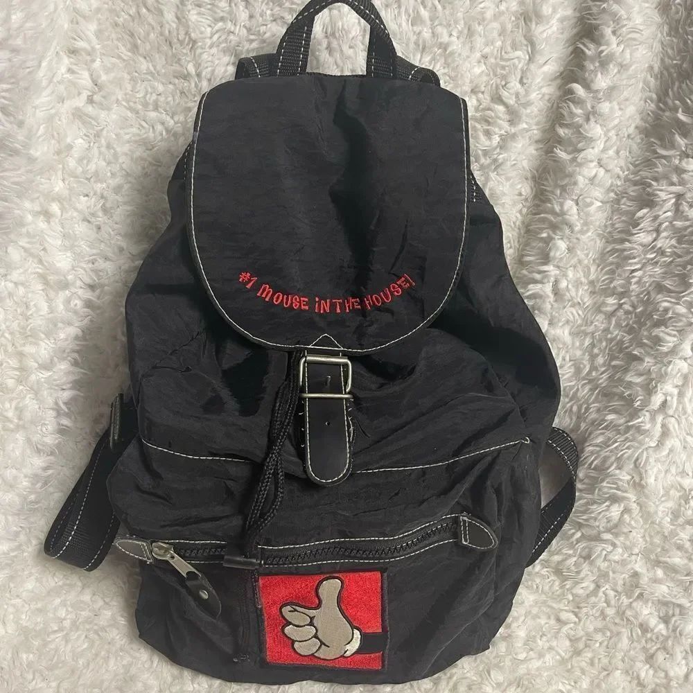 Vintage Disney Mickey Mouse Nylon Black Backpack antique tone hardwares..